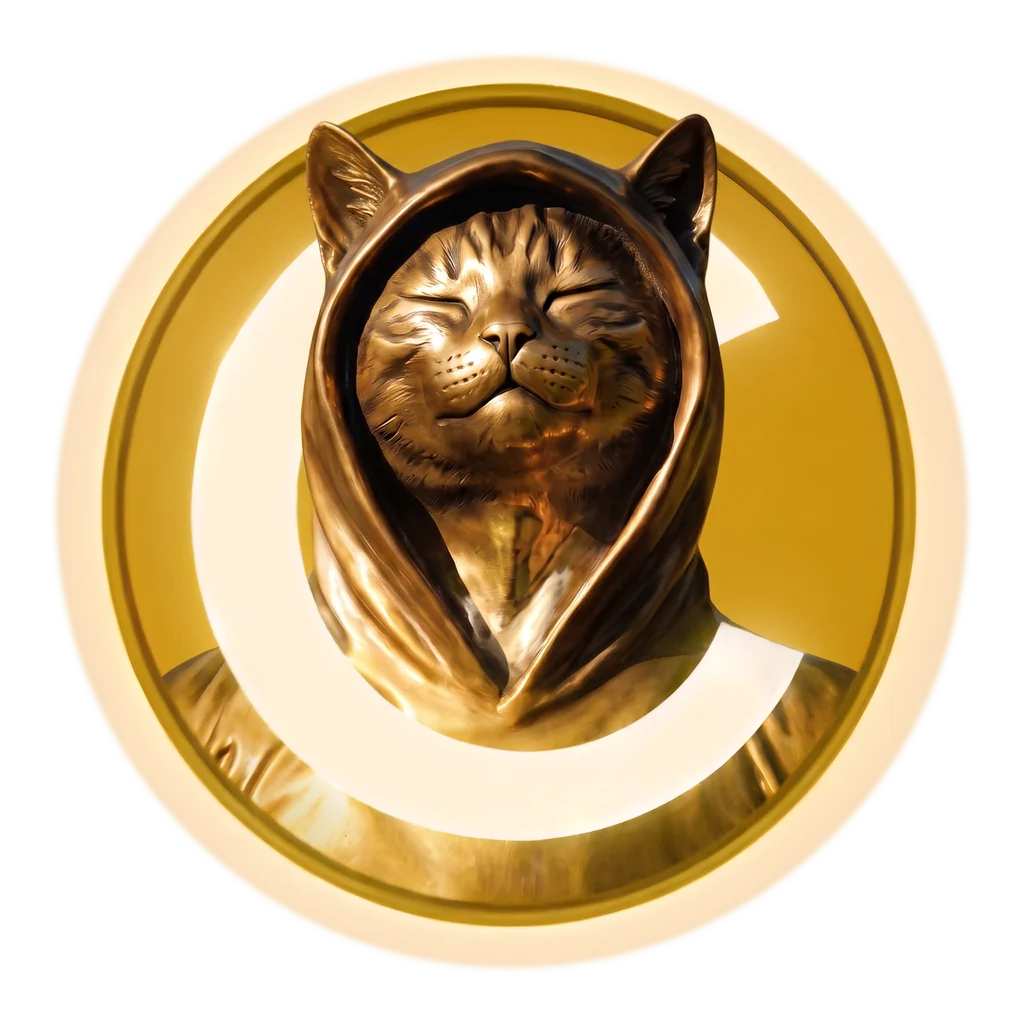 Golden statue of a hooded cat with closed eyes, set inside a gold ring